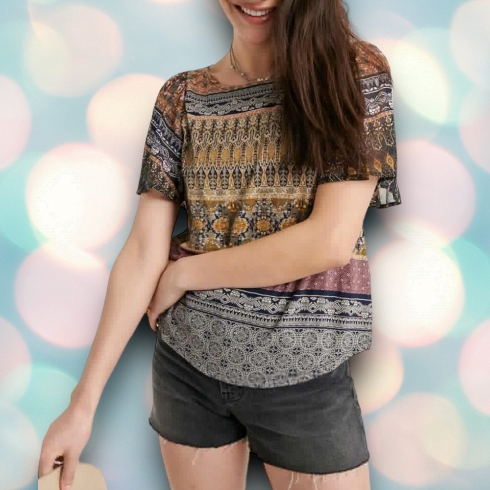 Lucky Brand Women’s Boho Pattern Flutter Sleeve Shirt Top Size M - Picture 1 of 7